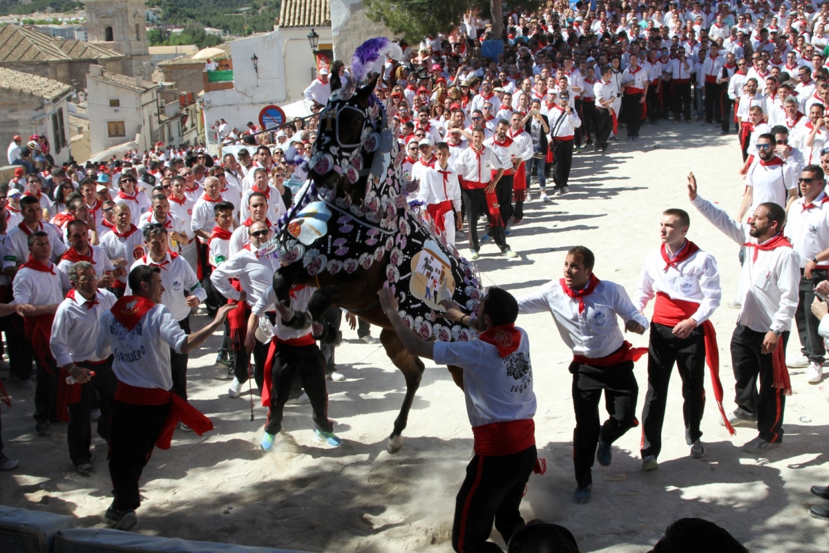 An embroidered Wine Horse surrounded by its local team and festival crowds in Caravaca de la Cruz